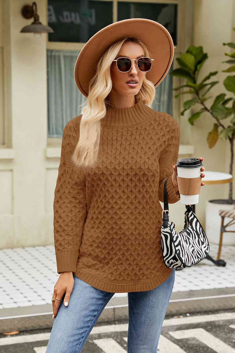 Slit Long Sleeve Mock Neck Sweater - Deals DejaVu