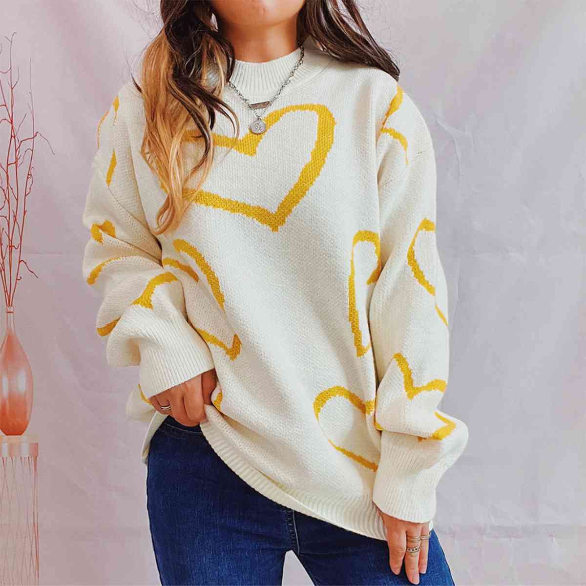 Heart Pattern Long Sleeve Sweater - Deals DejaVu