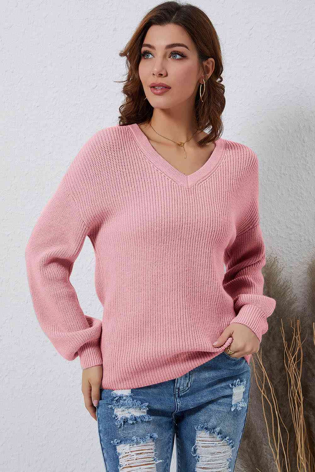 V-Neck Ribbed Dropped Shoulder Sweater - Deals DejaVu