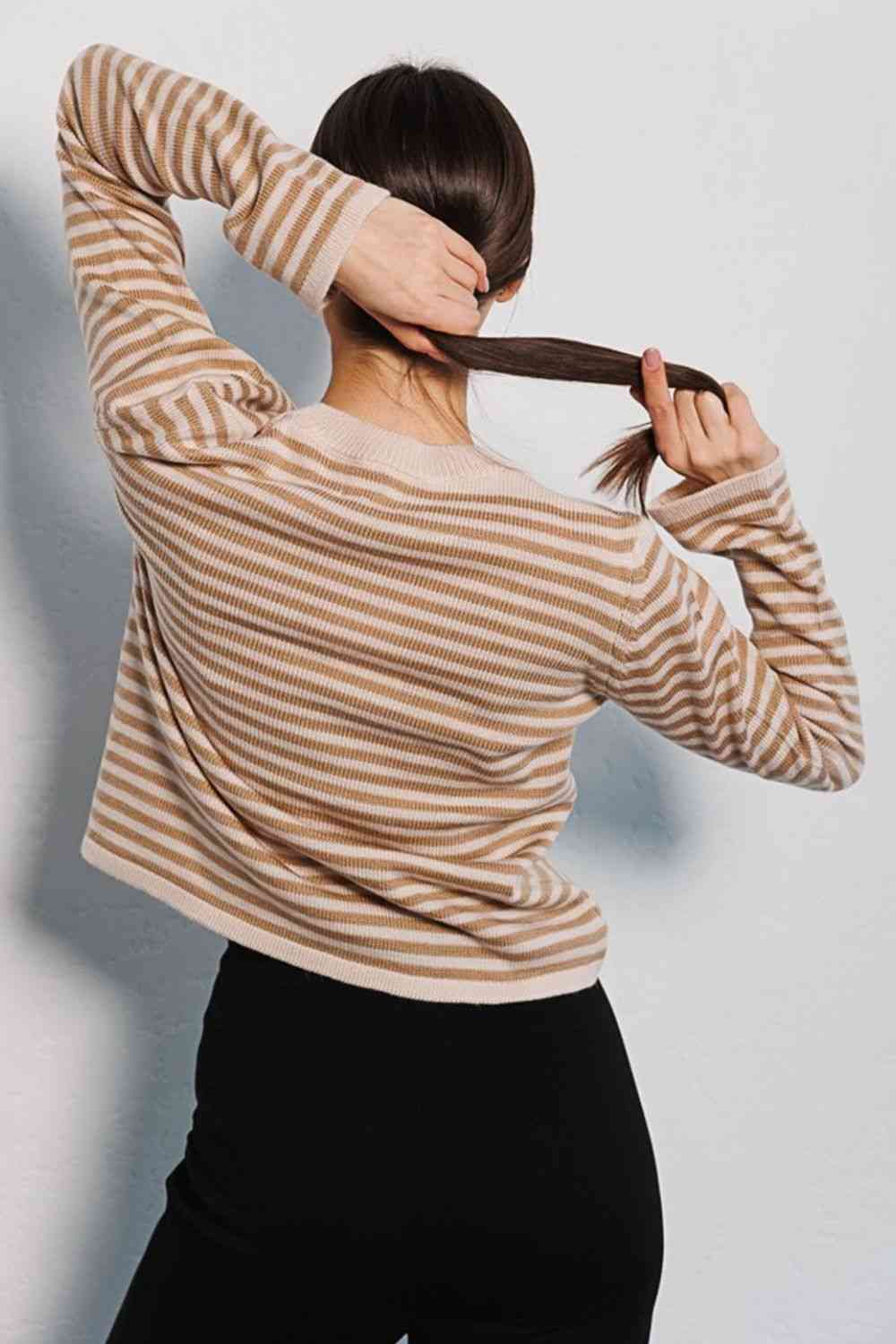 Striped Round Neck Long Sleeve Sweater - Deals DejaVu