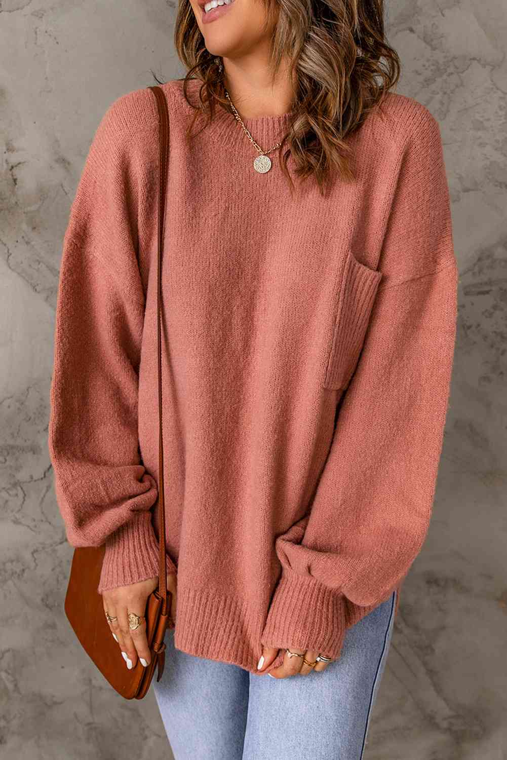 Ribbed Trim Lantern Sleeve Pocketed Sweater - Deals DejaVu