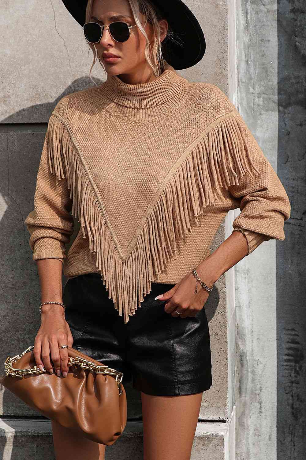 Turtle Neck Tassel Front Long Sleeve Pullover Sweater - Deals DejaVu