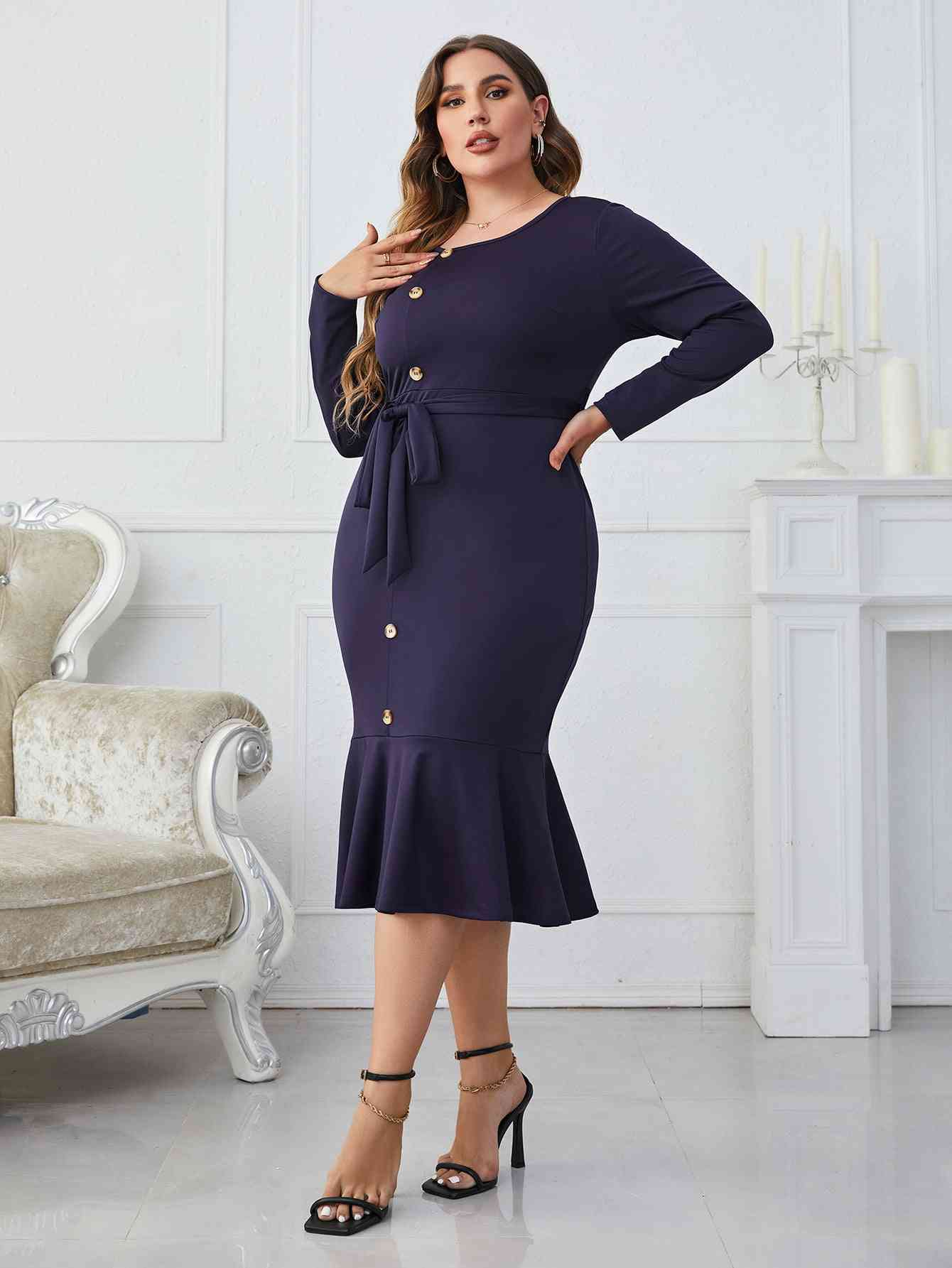 Melo Apparel Plus Size Buttoned Round Neck Tie Belt Midi Dress (MWBT) T - Deals DejaVu