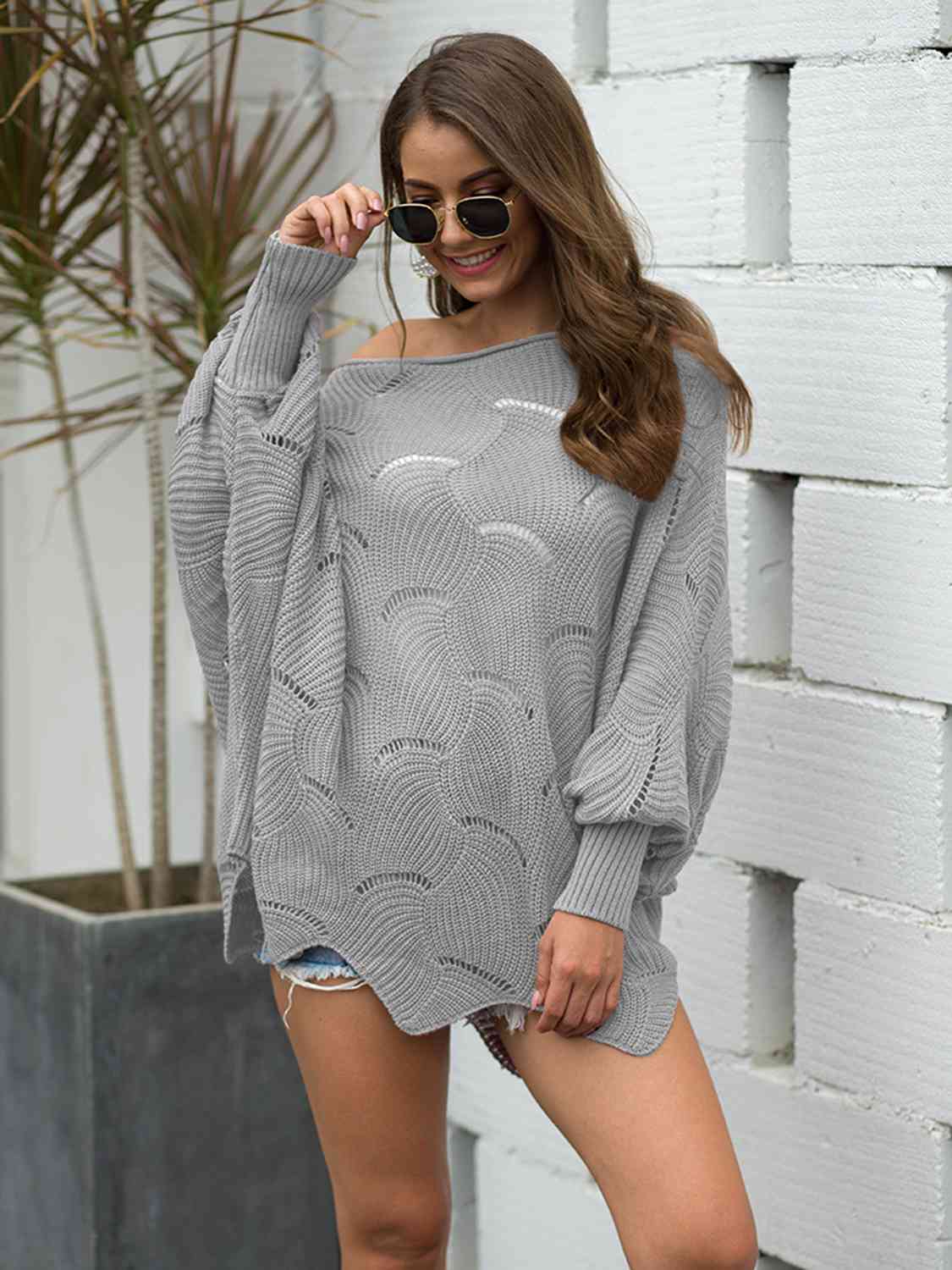 Full Size Boat Neck Lantern Sleeve Openwork Knit Top - Deals DejaVu