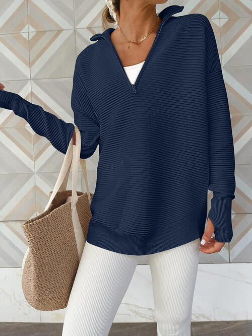 Half Zip Long Sleeve Knit Top - Deals DejaVu