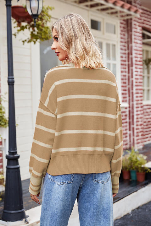 Striped Johnny Collar Sweater - Deals DejaVu