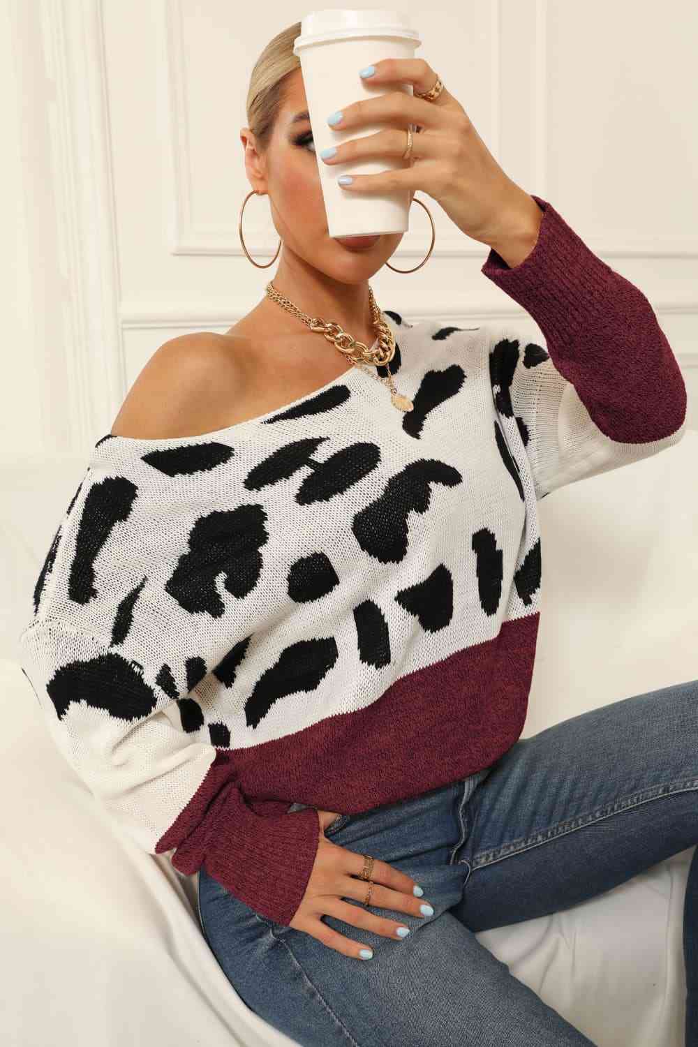 Full Size Two-Tone Boat Neck Sweater - Deals DejaVu