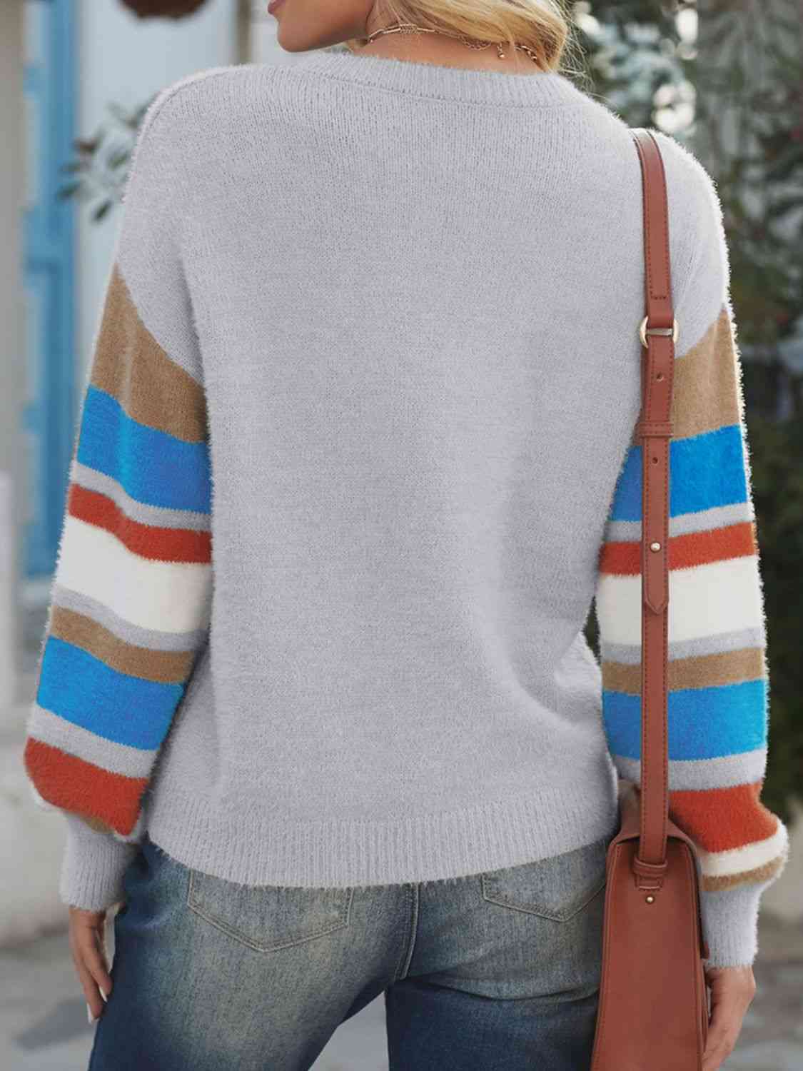 Striped Dropped Shoulder Crewneck Ribbed Trim Sweater