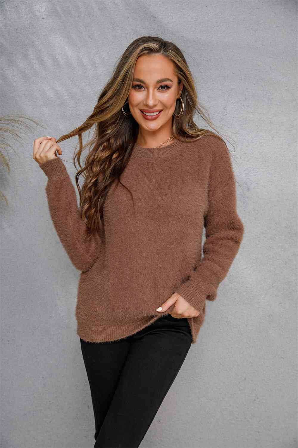 Dropped Shoulder Round Neck Fuzzy Sweater - Deals DejaVu