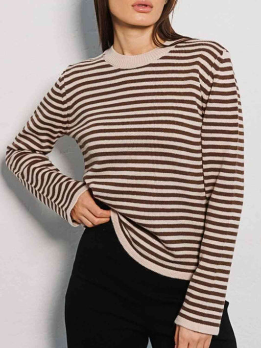 Striped Round Neck Long Sleeve Sweater - Deals DejaVu