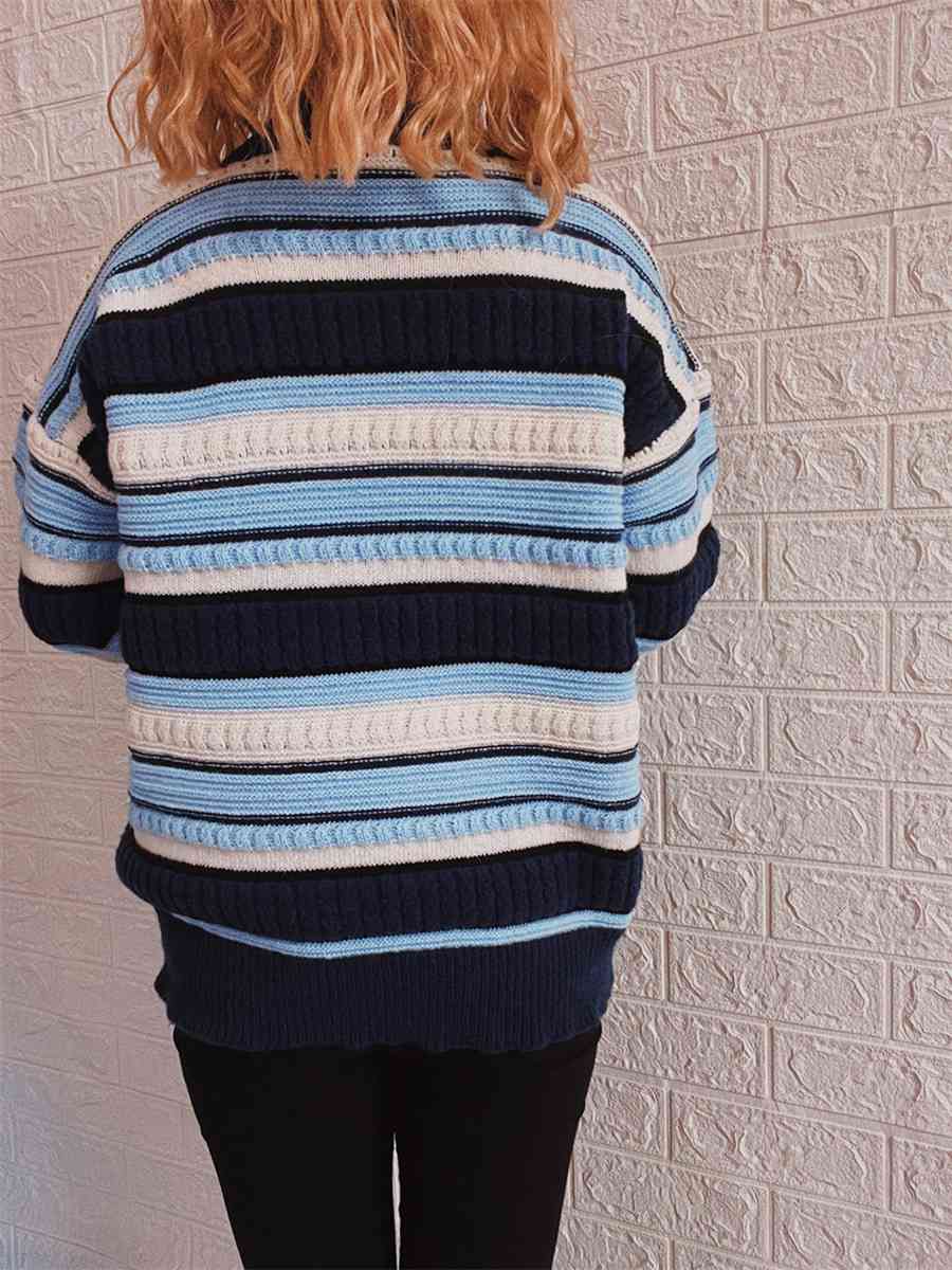 Striped Drop Shoulder Round Neck Sweater - Deals DejaVu