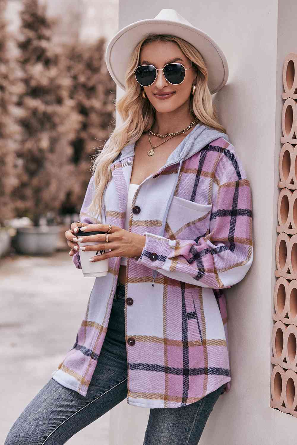 Plaid Dropped Shoulder Hooded Jacket (BFD) T - Deals DejaVu