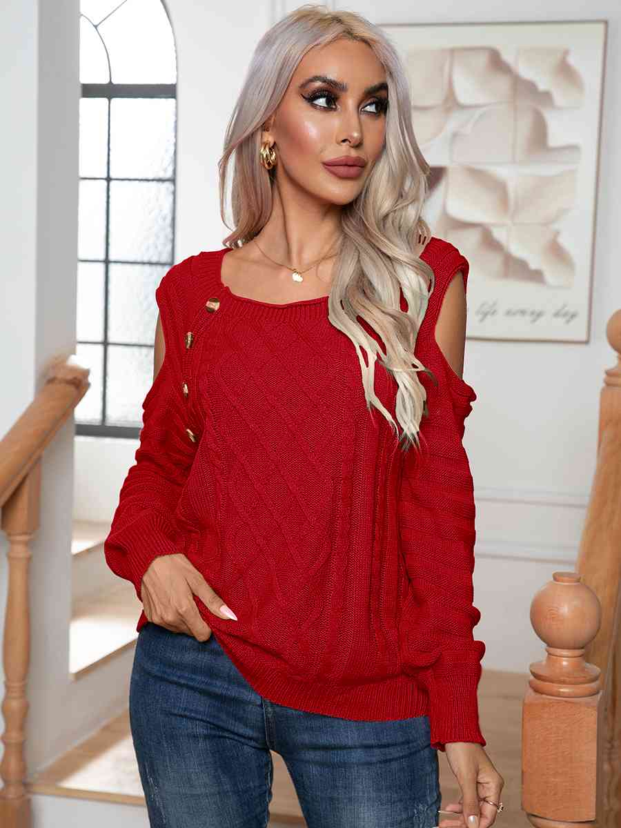 Decorative Button Cold-Shoulder Sweater - Deals DejaVu