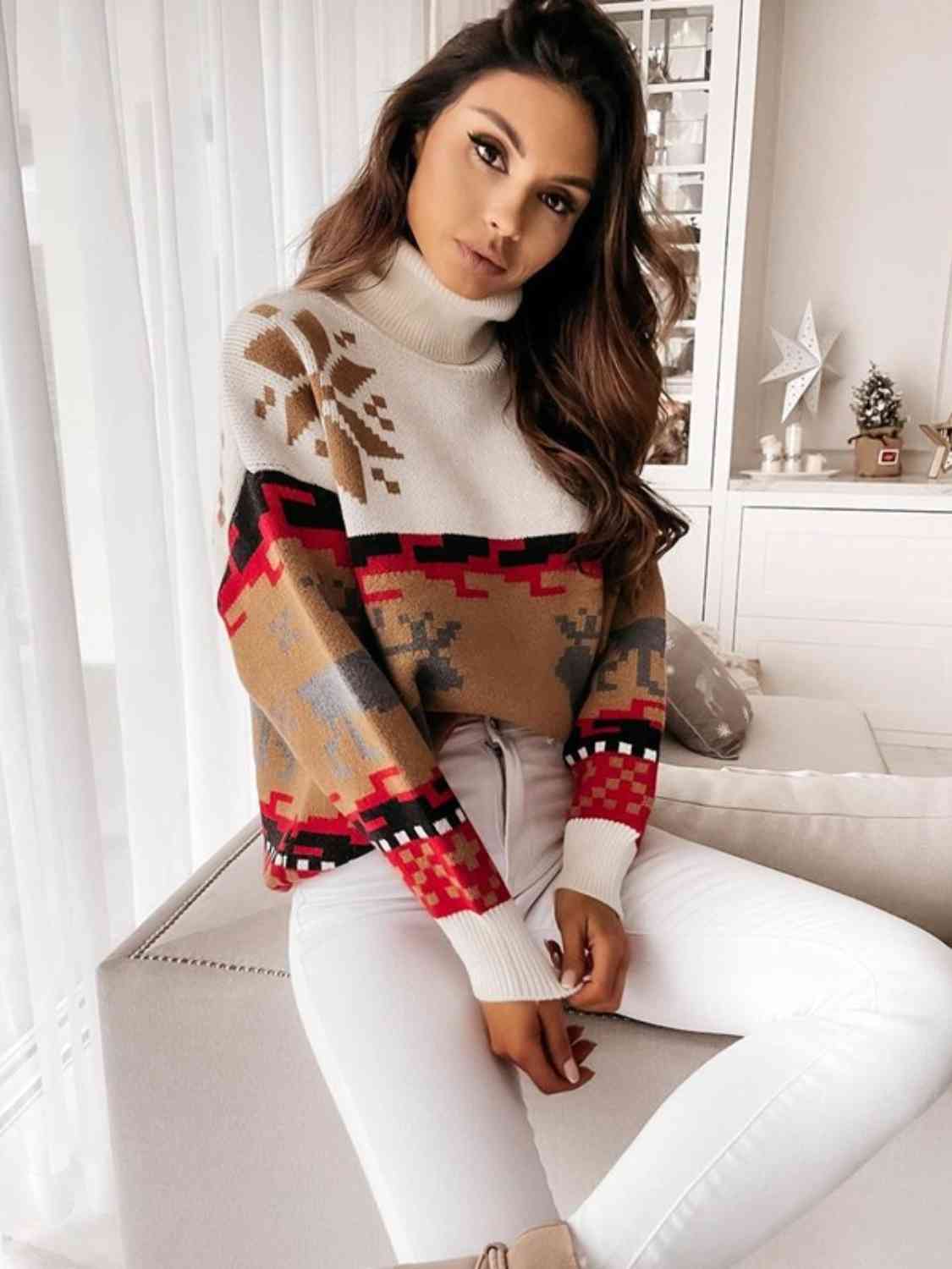 Reindeer Turtleneck Drop Shoulder Sweater - Deals DejaVu