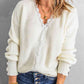 Lace Trim V-Neck Button Cuff Rib-Knit Sweater
