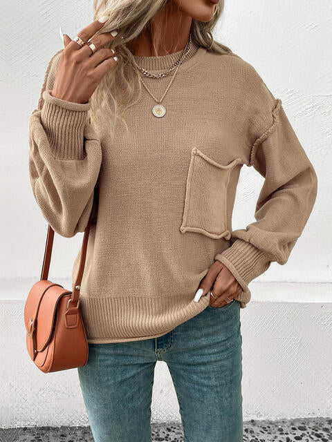 Exposed Seam Round Neck Sweater - Deals DejaVu