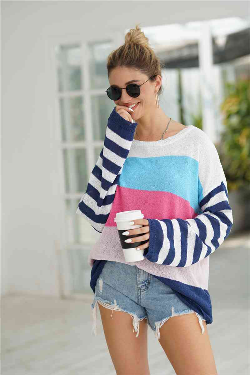 Striped Ribbed Trim Bell Sleeve Sweater - Deals DejaVu