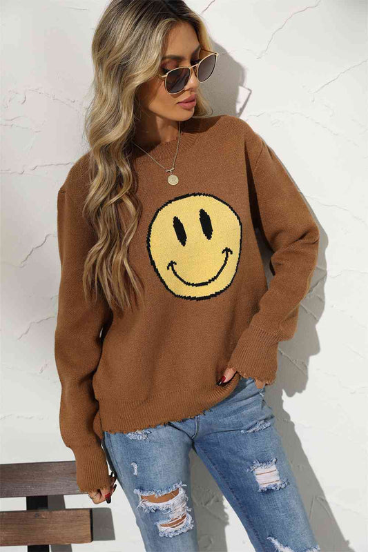 Round Neck Long Sleeve Smily Face Graphic Sweater (BFD) T - Deals DejaVu