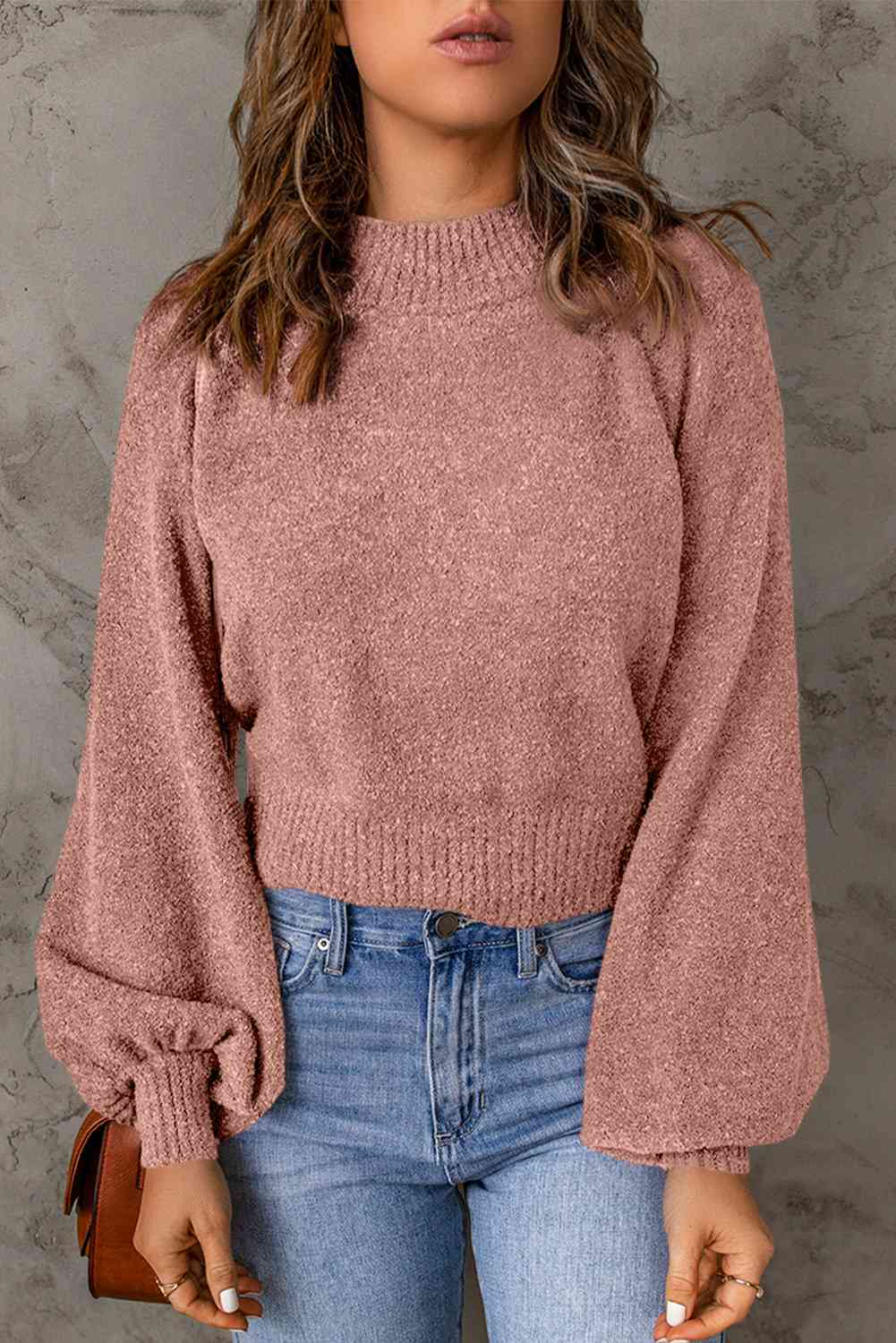 Ribbed Trim Balloon Sleeve Sweater - Deals DejaVu