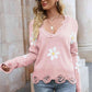 Flower Distressed Long Sleeve Sweater - Deals DejaVu