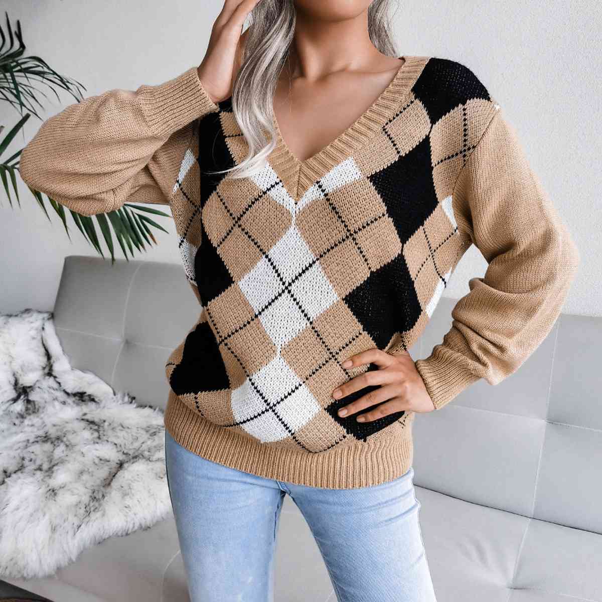 Geometric V-Neck Sweater - Deals DejaVu