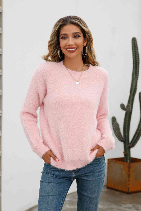 Dropped Shoulder Round Neck Fuzzy Sweater - Deals DejaVu