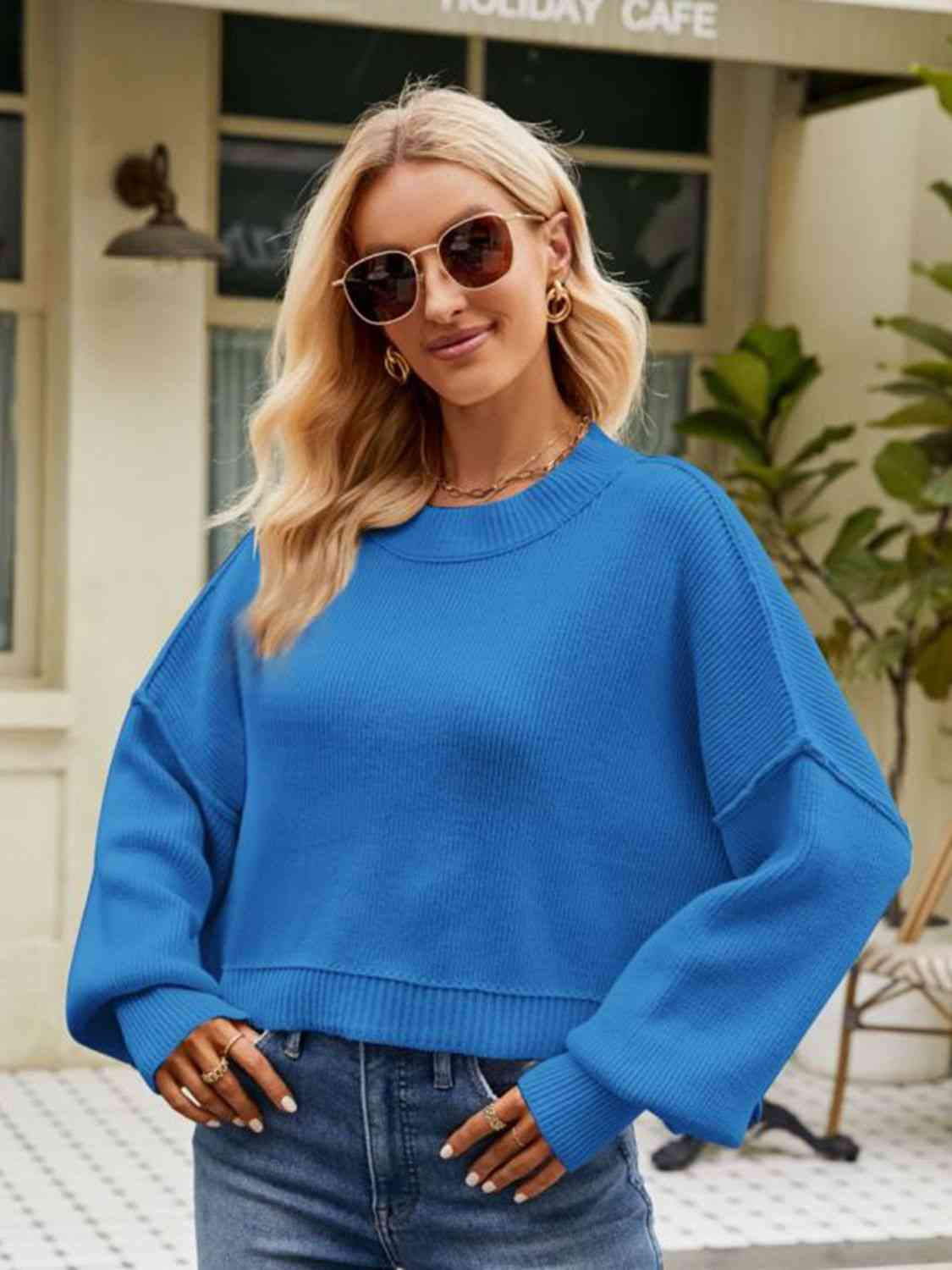 Round Neck Dropped Shoulder Sweater - Deals DejaVu