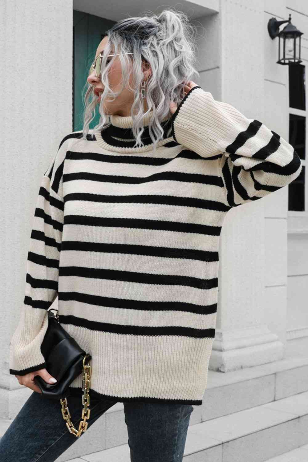 Striped Turtleneck Drop Shoulder Sweater - Deals DejaVu