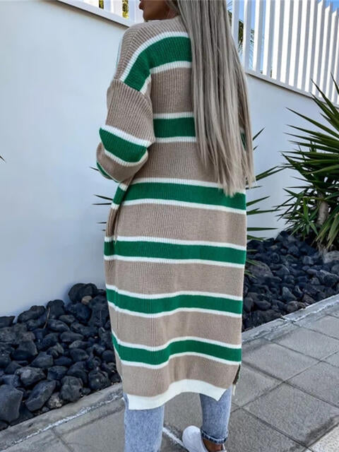 Striped Open Front Longline Cardigan - Deals DejaVu