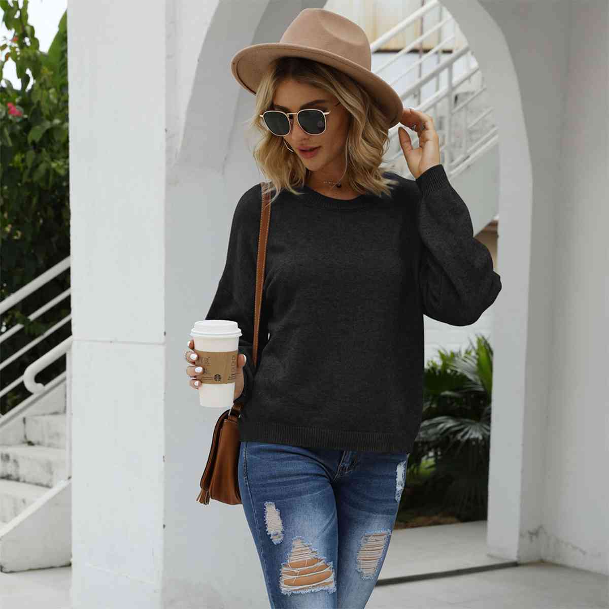 Round Neck Long Sleeve Drop Shoulder Sweater - Deals DejaVu