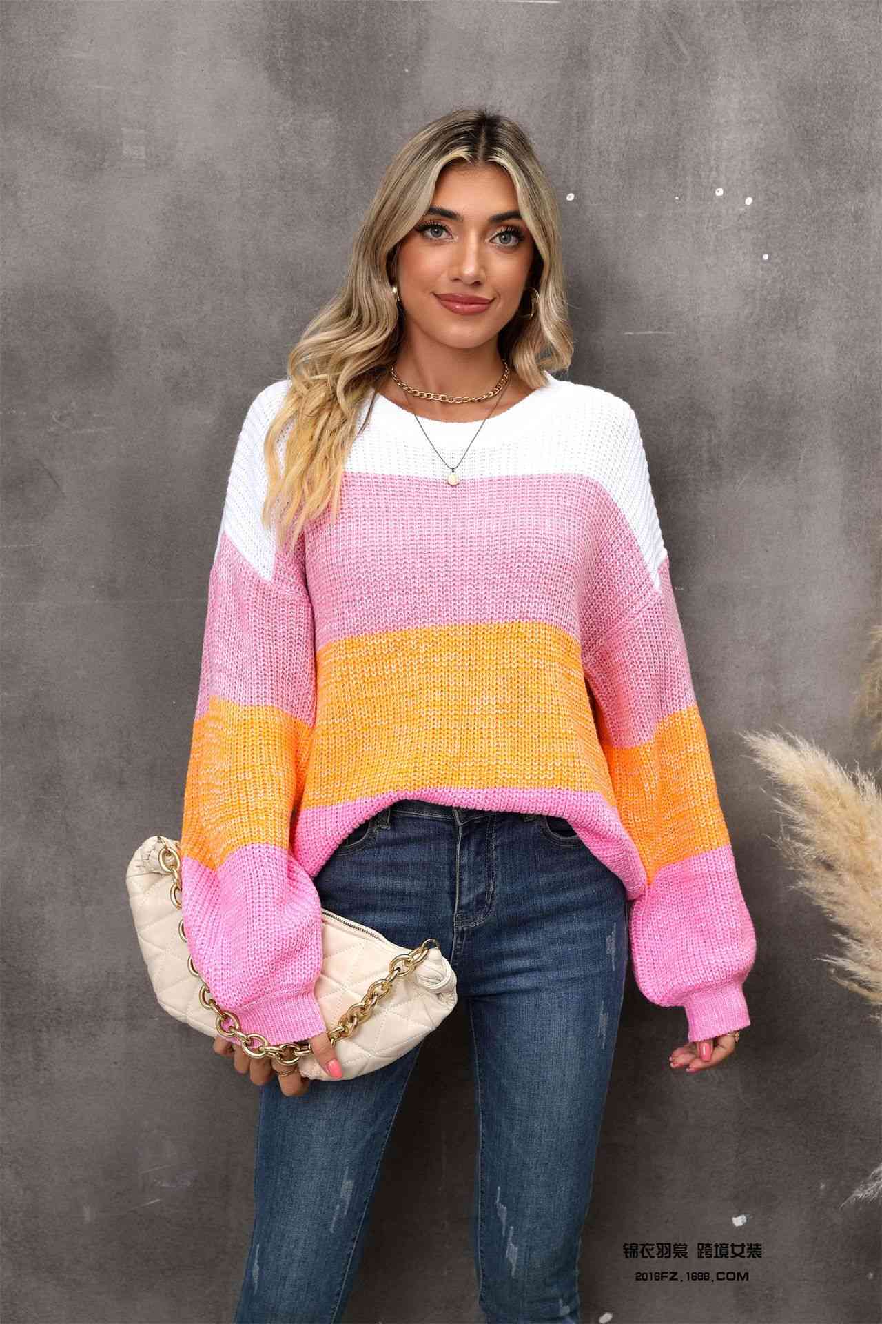 Color Block Round Neck Dropped Shoulder Sweater - Deals DejaVu