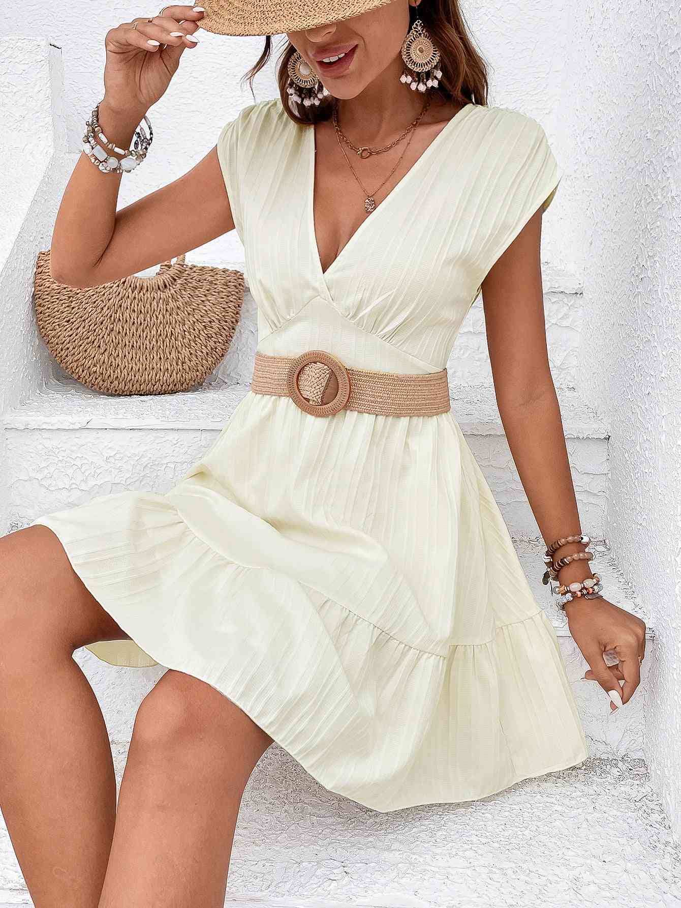 Tie Back V-Neck Ruffle Hem Dress - Deals DejaVu