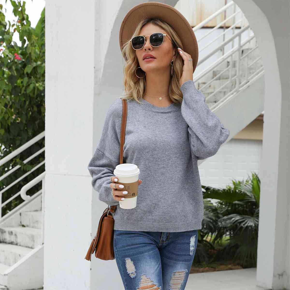 Round Neck Long Sleeve Drop Shoulder Sweater - Deals DejaVu