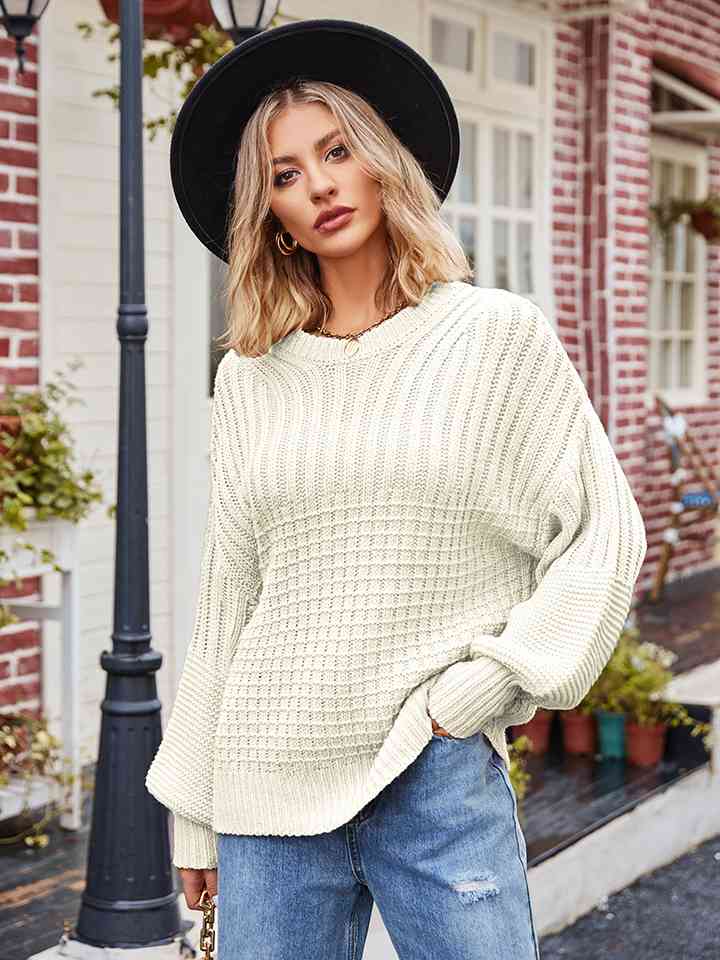 Round Neck Dropped Shoulder Sweater - Deals DejaVu