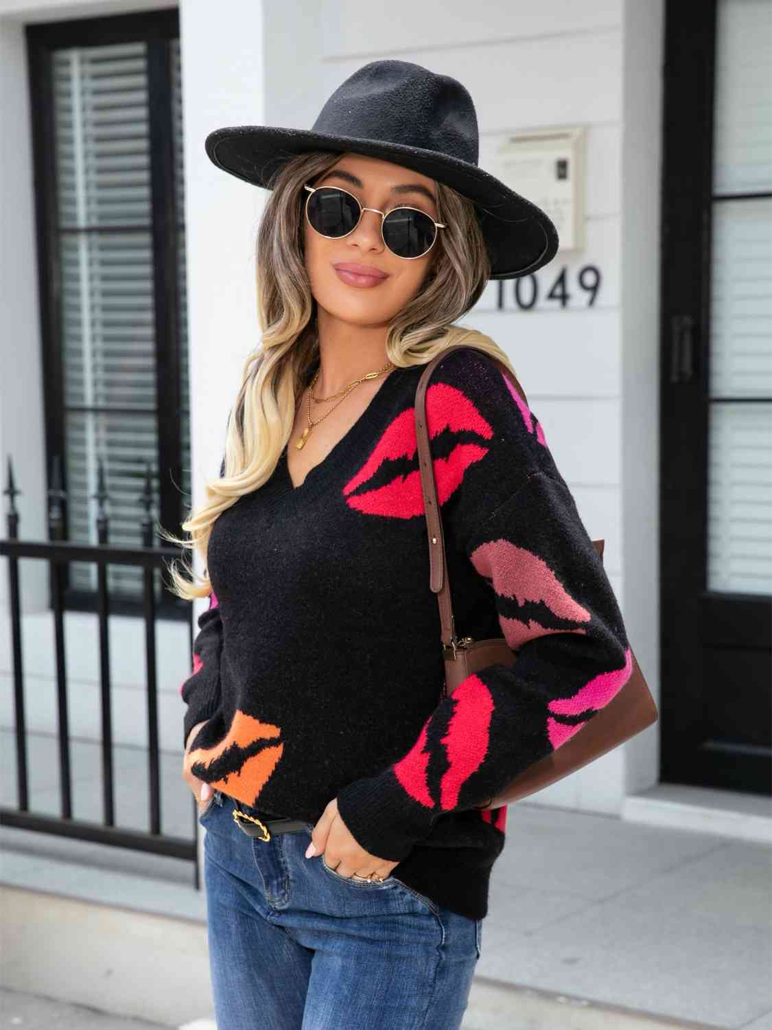 Lip V-Neck Drop Shoulder Sweater - Deals DejaVu