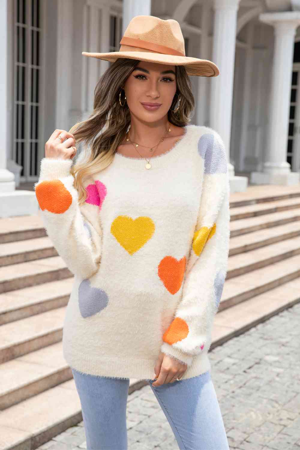 Heart Pattern Round Neck Long Sleeve Sweater - Deals DejaVu