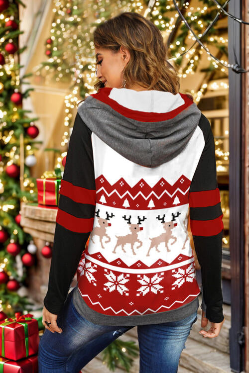 Double Take Full Size Christmas Drawstring Long Sleeve Hoodie (BFD) T - Deals DejaVu