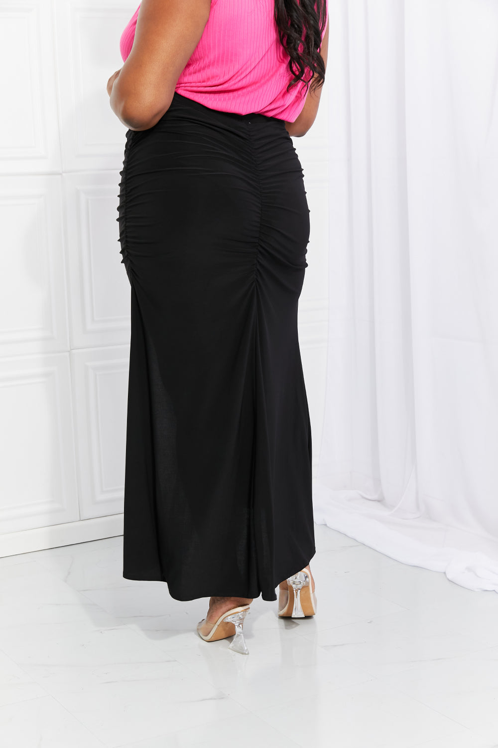 White Birch Full Size Up and Up Ruched Slit Maxi Skirt in Black (TB7) T - Deals DejaVu