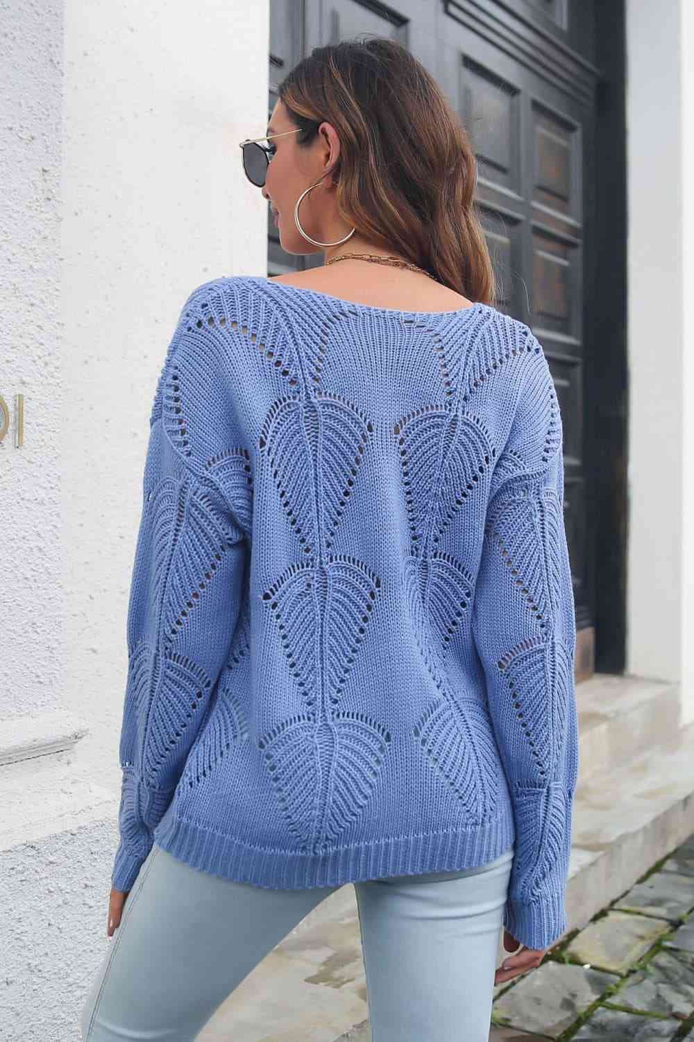 Openwork V-Neck Dropped Shoulder Sweater - Deals DejaVu