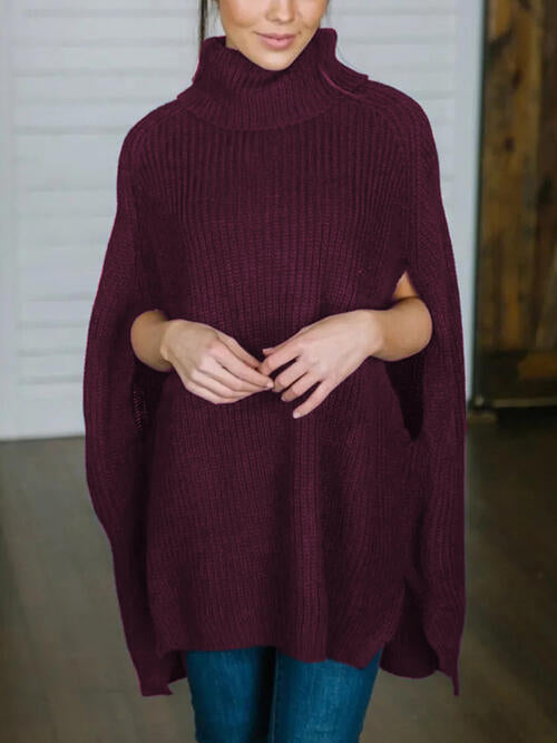 Turtleneck Slit Sweater - Deals DejaVu