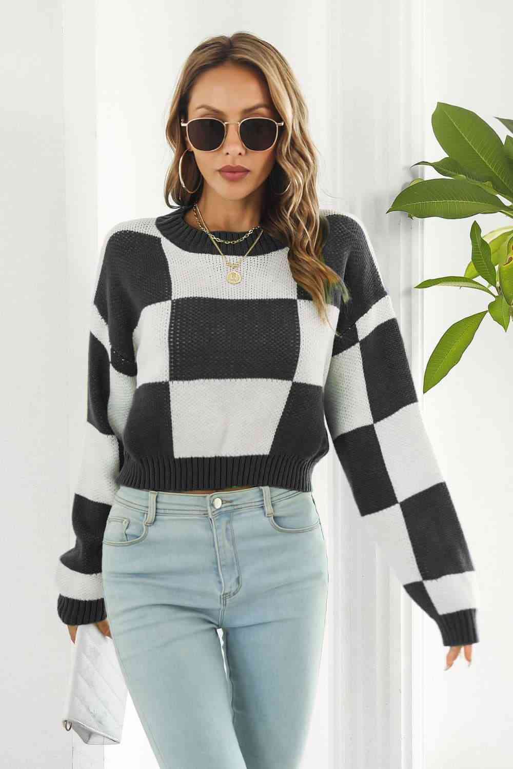 Color Block Round Neck Dropped Shoulder Sweater - Deals DejaVu