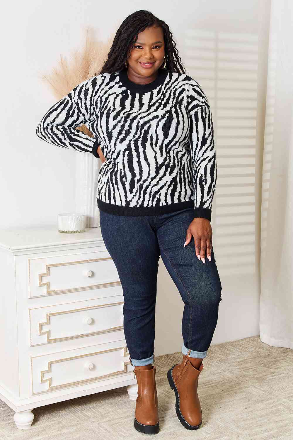 Heimish Full Size Zebra Print Sweater - Deals DejaVu