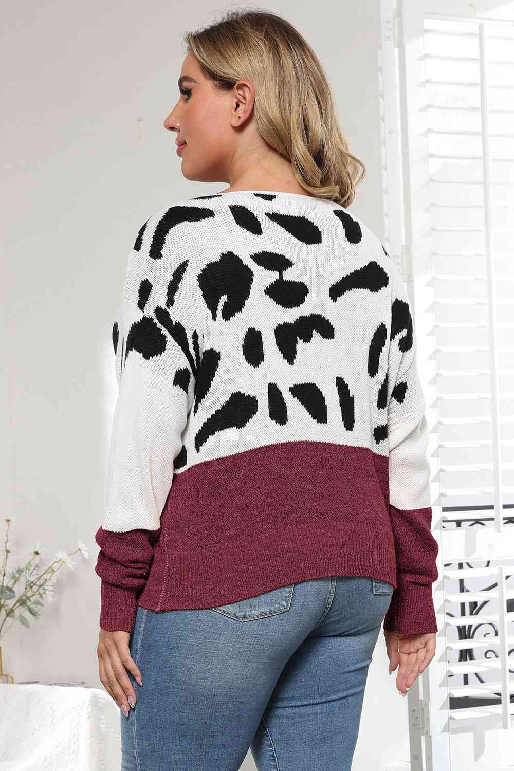 Plus Size Leopard Round Neck Long Sleeve Sweater - Deals DejaVu