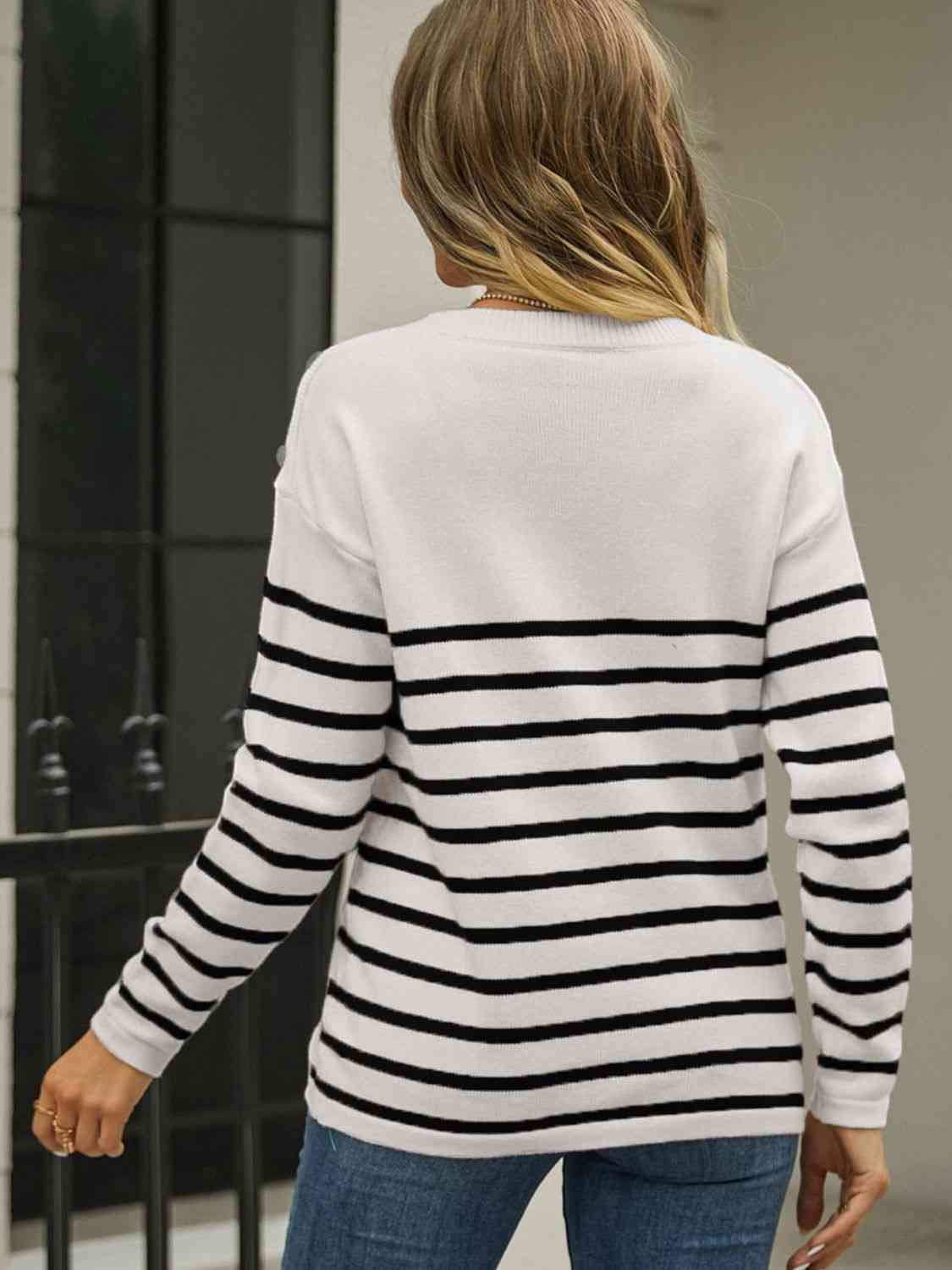 Round Neck Shoulder Button Striped Pullover Sweater - Deals DejaVu