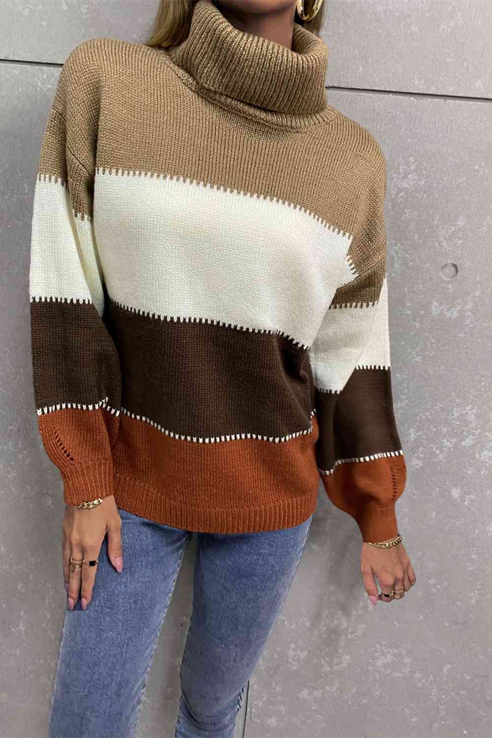 Color Block Lantern Sleeve Turtleneck Sweater - Deals DejaVu