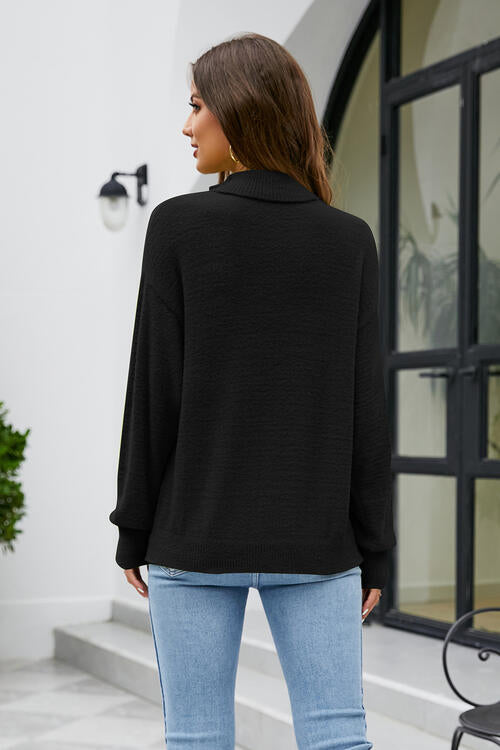 Mock Neck Dropped Shoulder Long Sleeve Sweater - Deals DejaVu