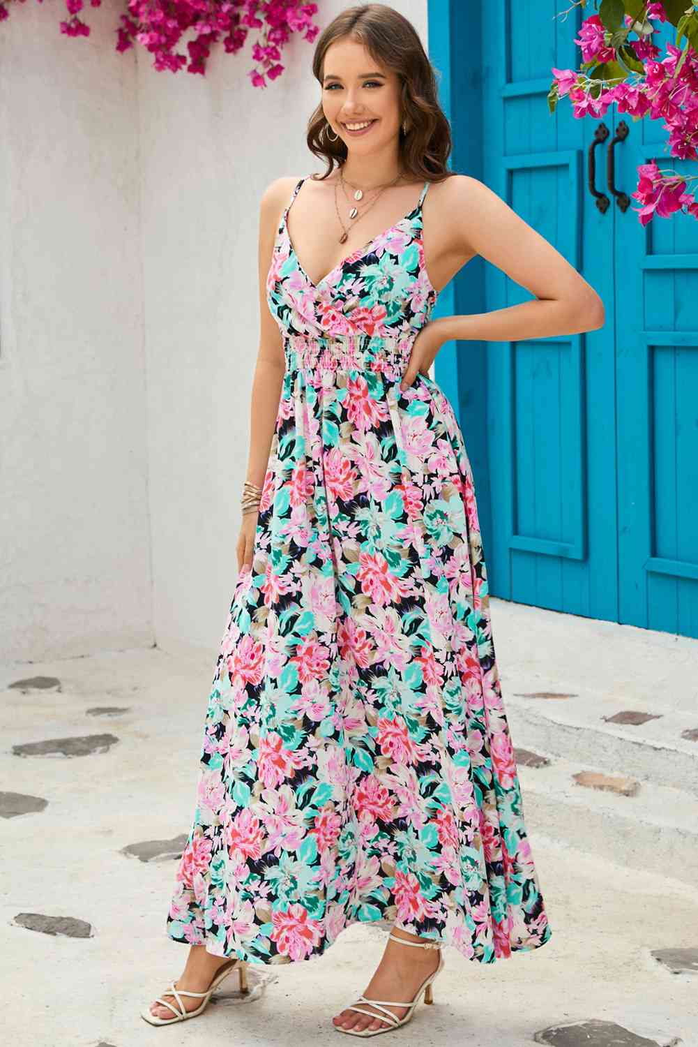 Floral Spaghetti Strap Surplice Neck Maxi Dress (BWMT) T - Deals DejaVu