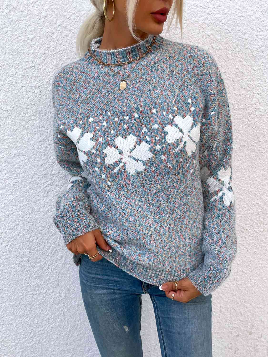 Four Leaf Clover Mock Neck Sweater - Deals DejaVu