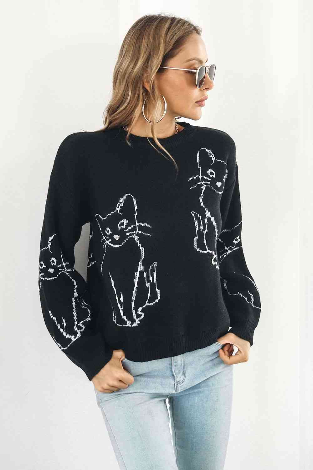 Cat Pattern Round Neck Long Sleeve Pullover Sweater - Deals DejaVu