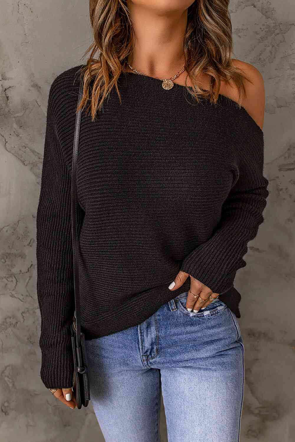 Double Take Horizontal Ribbing One-Shoulder Sweater - Deals DejaVu